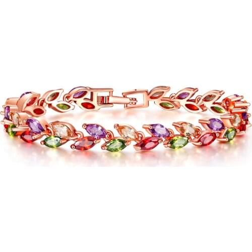 Luxury Crystal Rainbow Tree Leaf Bracelet Length 17cm Rose Gold Silver Color Buckle Bracelets For Women Birthday Gift
