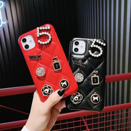 Luxury pearl No. 5 perfume metal Hard leather phone case for iphone X XR XS MAX 7 8 6 6s plus 12 SE 11 Pro Lambskin back cover