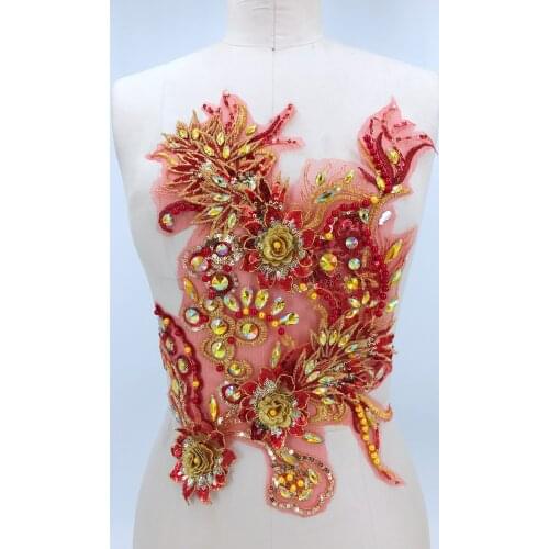 Handmade gold Hot drilling Rhinestone pearl lace embroidery patch applique wedding dress bordados DIY Performance clothing