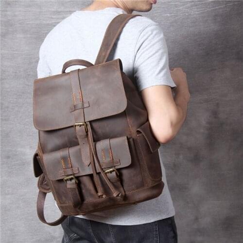 New retro handmade crazy horse genuine leather backpack mens large-capacity leather school bag travel bag locomotive bag