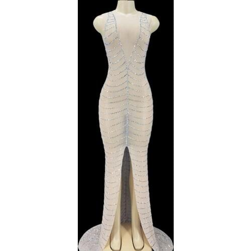 Sexy See Through Mesh Silver Rhinestone Evening Celebrate Gown Dress Party Prom Outfit Birthday Long Tail Stage Show Costume