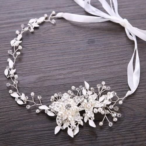 Wedding Bride Headband Pearl Rhinestone Flower With Ribbon Headdress Wedding Jewelry Bride Hair Band Accessories Ornaments
