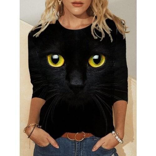 Fall 2021 Spring Women Tops Cat Print shirt Plus Size 3XL Casual Black shirts Long Sleeve Funny Cartoon Tees Lady T Shirt