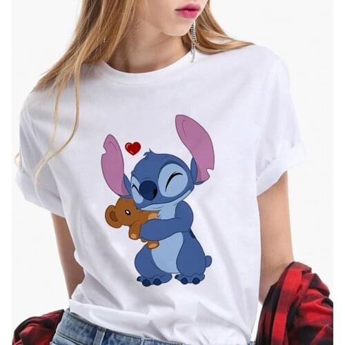 Womens Cartoon Graphic Fashion T-Shirt Lilo Stitch Kawaii Tshirts Cartoon Female Printed Casual T Shirt Casual Tops T-shirt