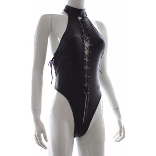 Women Halter Bandage Sexy Black Jumpsuits Wet Look Sexy Bondage Sex Adult Games Toy PG0007