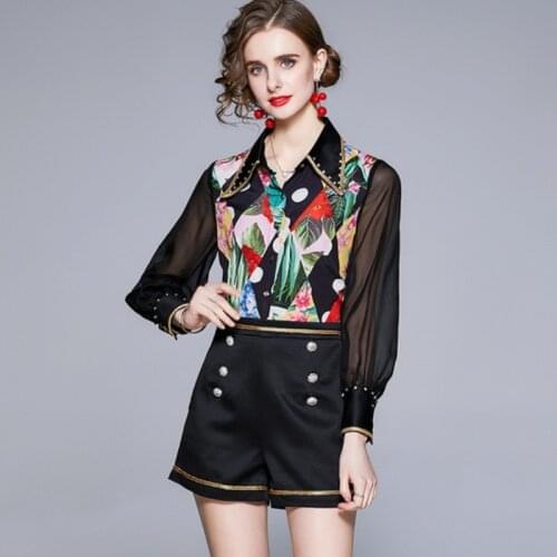 2021 New Fashion Shorts Two Pieces Set Female Chiffon Sleeve Patchwork Beading Lapel Print Shirt Top+High Waist Short Pants Suit