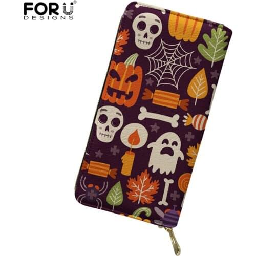 FORUDESIGNS Women Wallet Halloween Trick or Treat Pattern Girls Luxury PU Leather Clutch Purse Money Bags For Ladies Bolsa Mujer