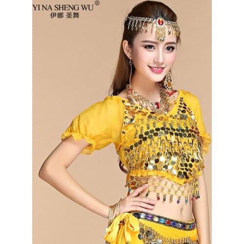 Womens Belly Dance Costume Tops Chiffon Lantern Short Sleeves Gold Coins Top&tees Indian Clothing Belly Dancing Practice Top