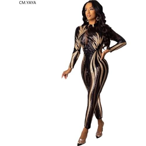 New Winter Women Skinny Jumpsuit O-Neck Full Sleeve Sequined Rompers See Through Sexy Night Club One Piece Outfits Bandage 8210