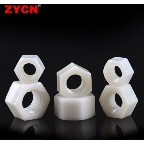 ZYCN 100PCS Nylon Hex Nut Plastic Hexagon Metric Locking Thread For M2 M2.5 M3 M4 M5 M6 M8 M10 Screw Bolt White PA66 Insulation
