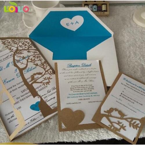 DIY customzied 15sets tree card heart card with printed text+printed rsvp card+printed thank you card
