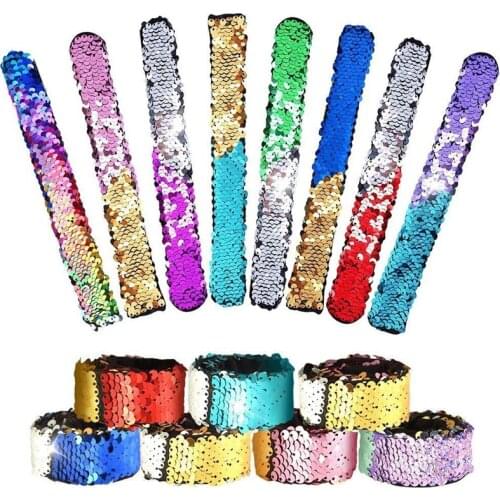 16 Pcs ic Sequins The Mermaid Bracelets 2Color Sequin Reversible Glitter Slap Bracelets Charms Wristband for Kids Little Merm