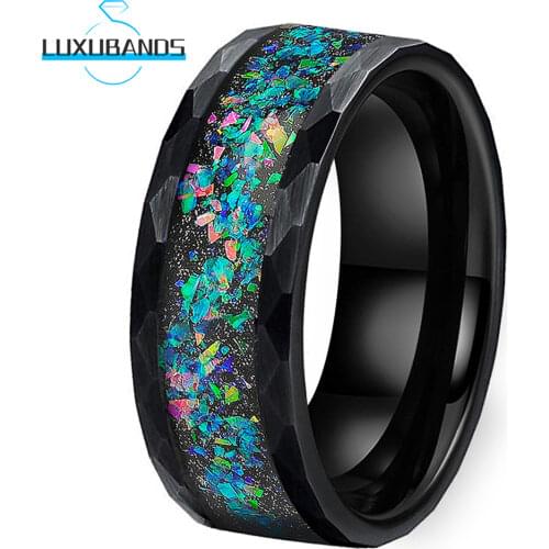 8MM Womens Mens Tungsten Wedding Rings Multicolor Opal Chip Inlay Black Hammered Brushed Finished Comfort Fit