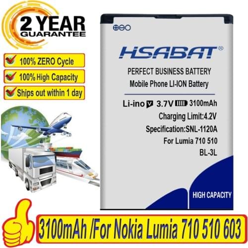 HSABAT 100% New 3100mAh BP-3L battery for Nokia Lumia 710 510 603 610C 900 303 603 610 3030 505 battery free shipping