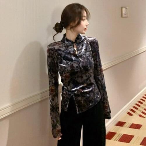 Black Sexy Velvet Asian Clothes Oriental Chinese T Shirt Long Sleeve Gothic Asian Streetwear Chinese Style Clothing Women FF2902