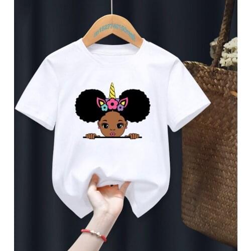 Black Girl Unicorn Print White T-shirts Children African Girl Gift Present Clothes Baby Kawaii Cute Tops Tee,Drop Ship