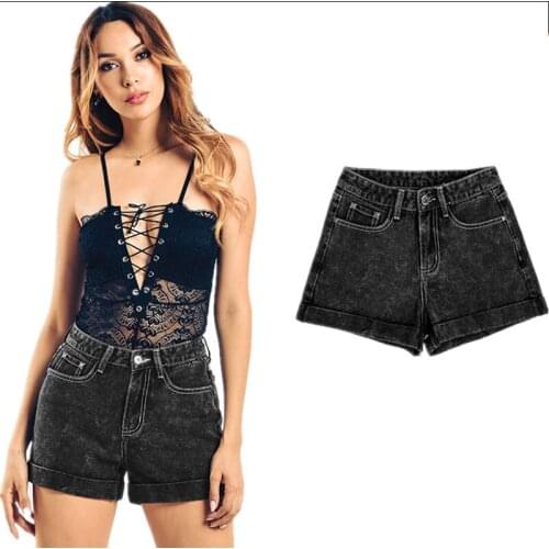 Denim shorts womens European and American high-waist new womens snowflake jeans loose wide-leg roll-leg pants denim