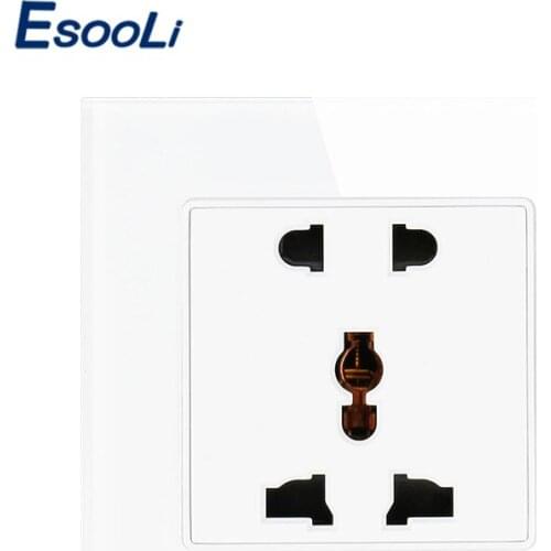 Esooli Universal 5 Hole Outlet Luxury 13A Wall Power Socket White Crystal Glass Panel AC 110~250V wall outlet switch
