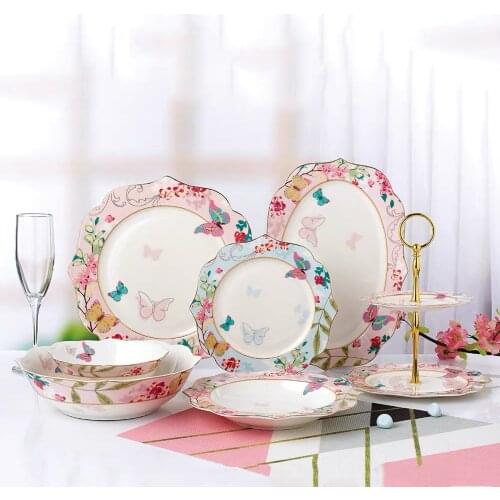 Cherry Seris Bone China Tableware 2 Tiers Set with Dishes Plates British Royal Advanced Porcelain Meal Cutlery Dinnerware