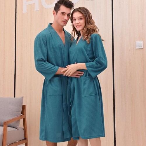 2020 New Style Unisex Kimono Bathrobe Women Men Waffle Fabric Large Size Robes Couples Bath Gowns Loves Nightgown Sleepwear