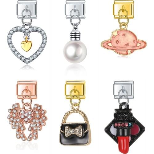 Hapiship Original Daisy Angle Wing Heart Lipstick Eye Shadow Charm Fit 9mm Bracelet Stainless Steel Jewelry DIY Making DJ371