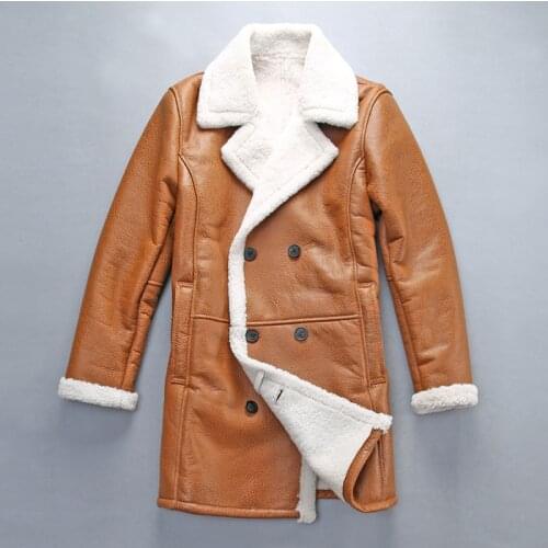 Mens Long-Style Shearling Plus Size Super Quality Warm Real Sheep White Wool Cold Winter Coat Free Shipping