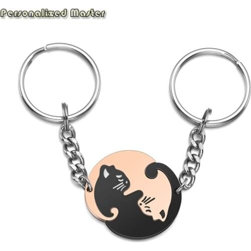 Personalized Master Custom Text Couples Cats Keychains Yin Yang Cat Lover Keychain Engraved Names Matching Valentines Keyring