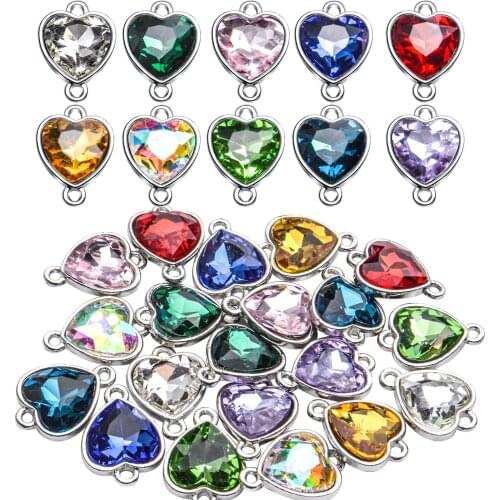 20pcs Mixed Colors Heart Crystal Birthstone Charms Glass Gemstone Link Pendant with Double Loop Connector for DIY Jewelry Making