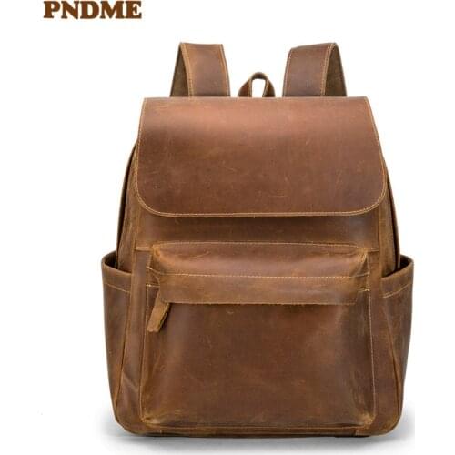 Retro crazy horse cowhide mens womens backpack simple casual outdoor travel genuine leather laptop bagpack student bookbag