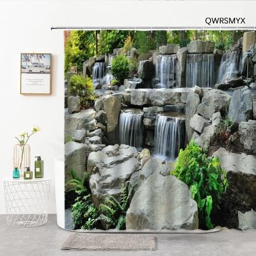 Garden Stone Mountain Waterfall Shower Curtains Courtyard Scenery Bathroom Decor Curtain Hook Screen Home Background Wall Cloth
