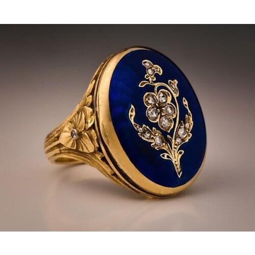 Victorian Antique French Blue Enamel Ring Hot Sale 2021 New Palace Retro Luxury Lilac Flower With Diamond Rings