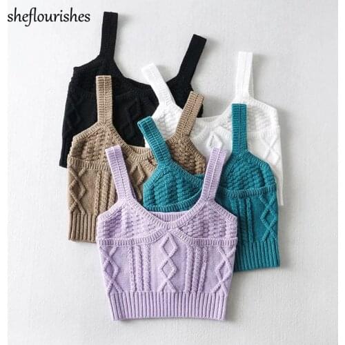 Vintage crop top women knitted tank tops sexy v neck tops women 2020 sleeveless crop tank top twist solid vest korean summer
