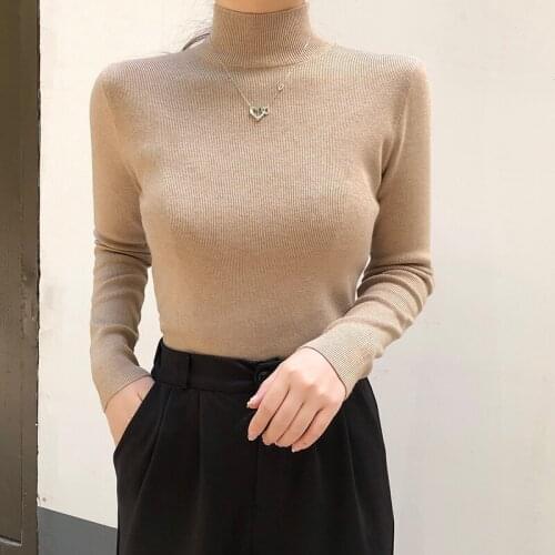 Knit Jumper Tops Female Autumn Winter 2021 Office Lady Half High Collar Thick Slim Bottoming Solid Womens Sweater Femme