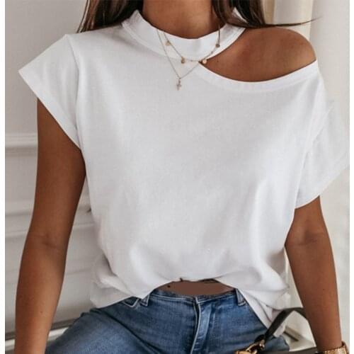 Women One Shoulder Halter O Neck T-shirts Solid Patchwork Short Sleeve Summer Female T-shirt New Lady Casual Irregular Tops 2020