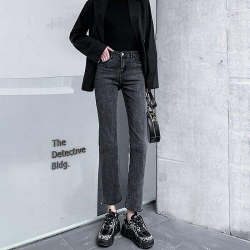 Woman Jeans Pants Black Gray Jeans Straight-Leg Pants High Waist Ankle-Length Frayed Hem Pantalones Vaqueros Mujer