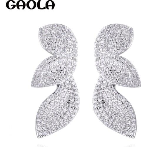 GAOLA Ladies Silver Color Cubic Zirconia Classic Leaves Stud Earrings Engagement Gift GLE8012