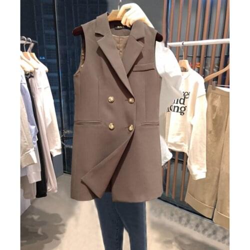 2020 New Suit Vest Womens Mid-Length Spring and Autumn Korean Loose Waistcoat Sleeveless Blazer Double Breasted Jacket y296