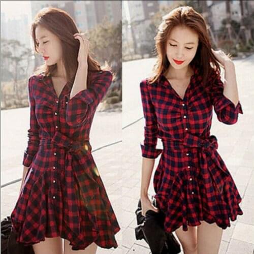 Fashion Womens Lady Long Sleeve Ruffles Office Ladies Casual Flannel Plaid Check Button Down Top Layer Shirt Dress