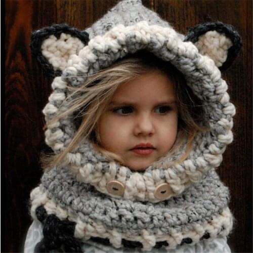 Winter Knitted Thicken kids hats winter snowboard cute cap fox wool neckerchief balaclava funny bonnet enfant casual cap HT19033