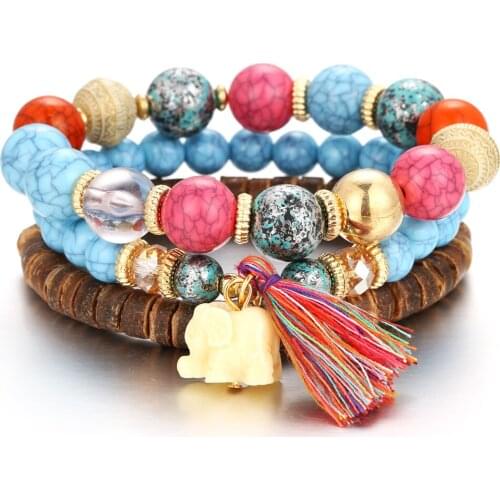 2021 Fashion Bohemia Jewelry Multi-layer Beads Elephant Bracelets for Women Vintage Handmade Cuff Tassels Bracelet Pulseira