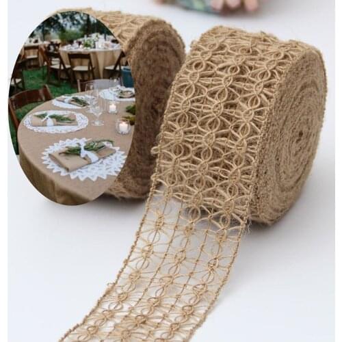 5M/Roll Burlap Rope Craft Wide 6.5cm Natural Hessian Jute Twine Hollow Flower Pattern Rope for Home Party Burlap Ribbon Decor