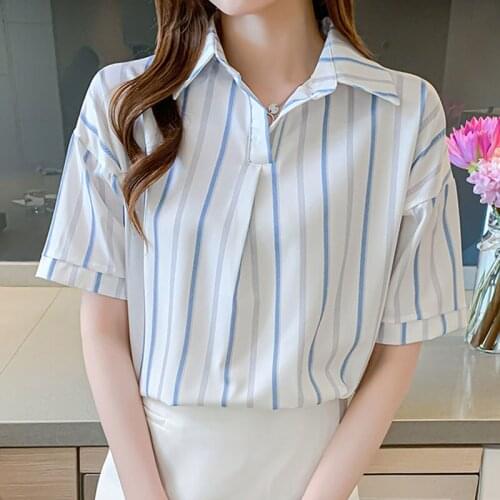 Blusas Mujer De Moda 2021 Verano Loose V-neck Half Sleeve Stripe Shirt Womens Chiffon Top Dropshipping Blouses for Women 1131