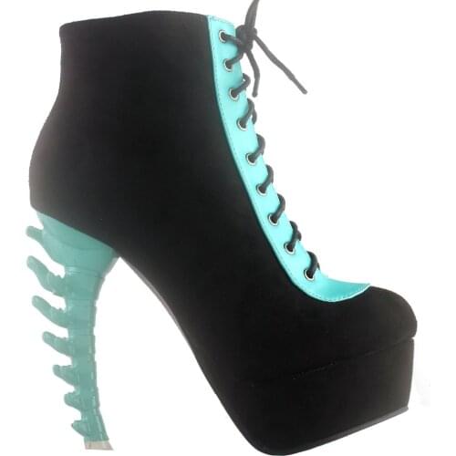 LF80669 SHOW STORY Punk Black Aqua Two Tone Lace Up Zip High-top Bone Platform Ankle Boots