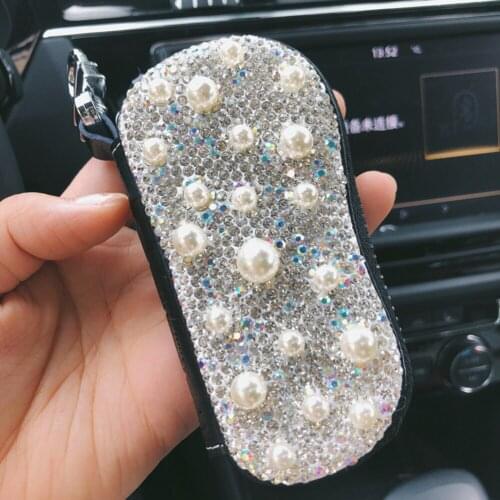 Bling Bling White Red Rhinestone Crystal Pearl Car Remote Key Cover for Car Key Bag Shell Case