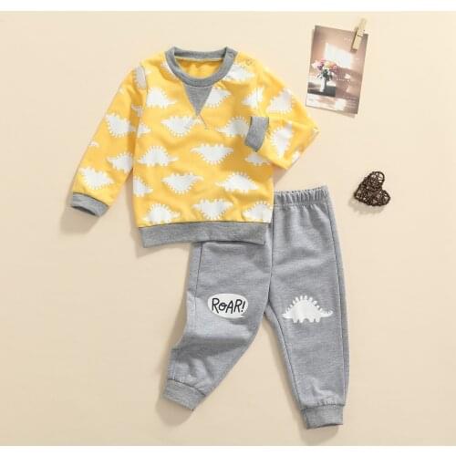 FOCUSNORM 2pcs Infant Baby Boys Casual Clothes Sets 0-24M Cartoon Dinosaur Long Sleeve Pullover Sweatshirt Tops Pants