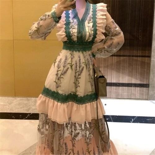 French Dresses Women Spring holiday Elegant slim Long Sleeve Chiffon Party Lace Runway Printing Embroidery A-Line High Waist