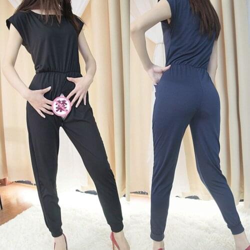 Outdoor Sex Pants Womens Sexy Clothes Open Crotch Secret Double Zipper Casual Cotton Jumpsuits Erotic Costumes Romper Female