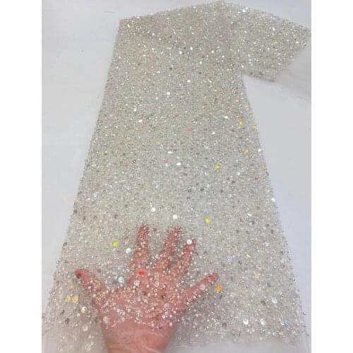 2021 Latest French Nigeria Lace Fabric High Quality Handmade Beaded Tulle African Lace Fabric Wedding Dress RF4747