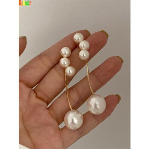 Kshmir New pearl long earrings simple geometric pearl retro metal exquisite French earrings S925 stitches 2020
