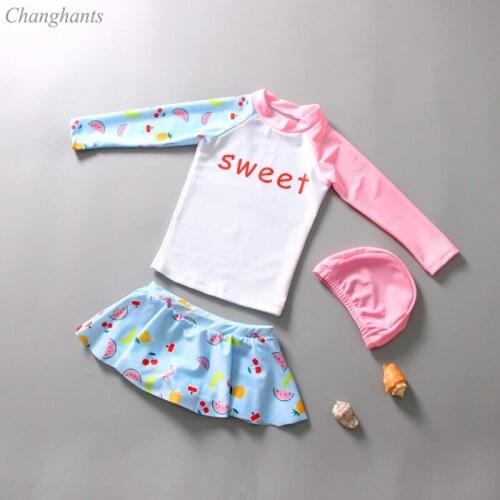 1-8Y Girls 2 Pieces Swimwear White Light Blue Pink Kids Rash Guard Long Sleeve Baby Surf Suit with Swim Cap Child Pool
